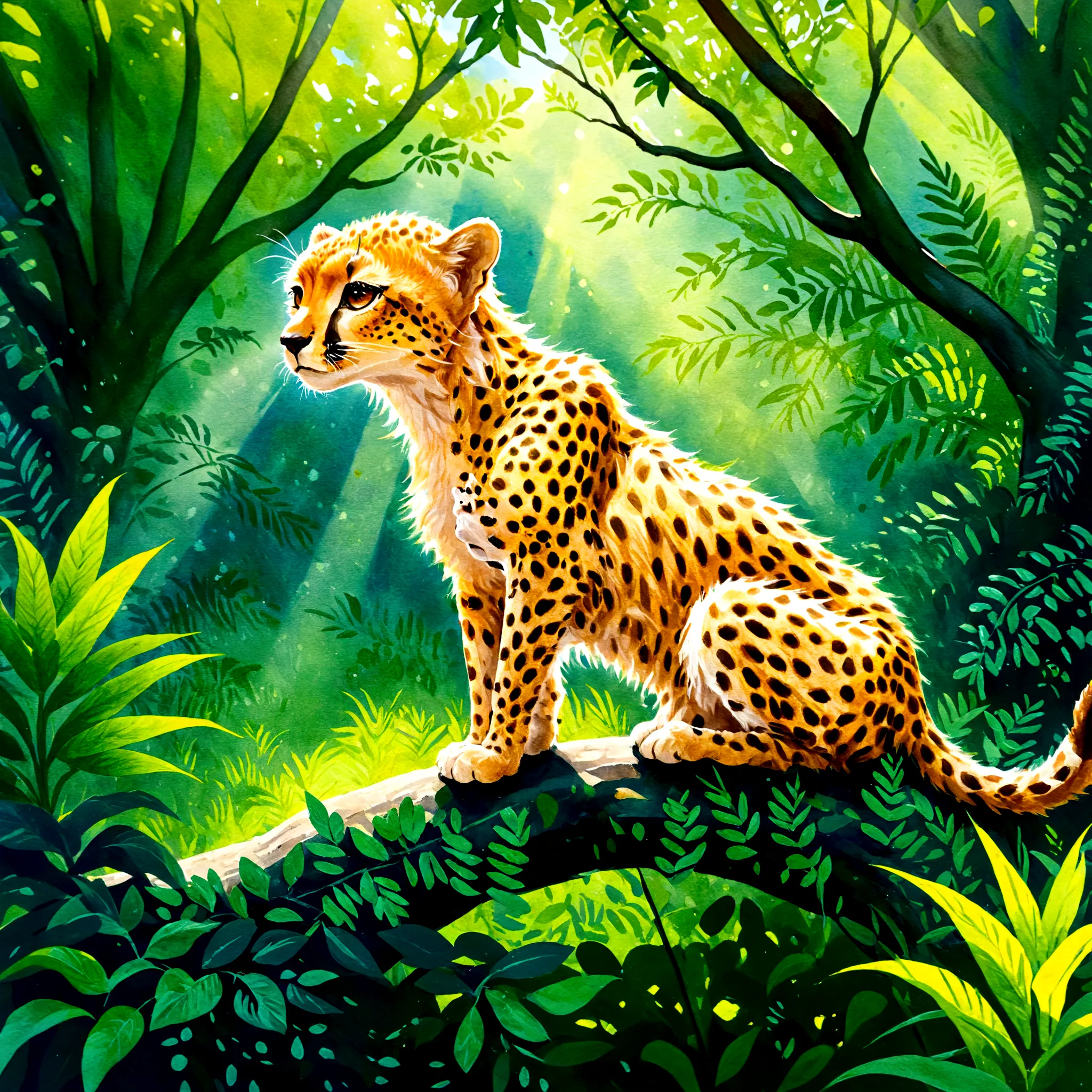 A watercolor painting of a cheetah cub climbing a tree, with sunlight filtering through the leaves and casting shadows on the cu...