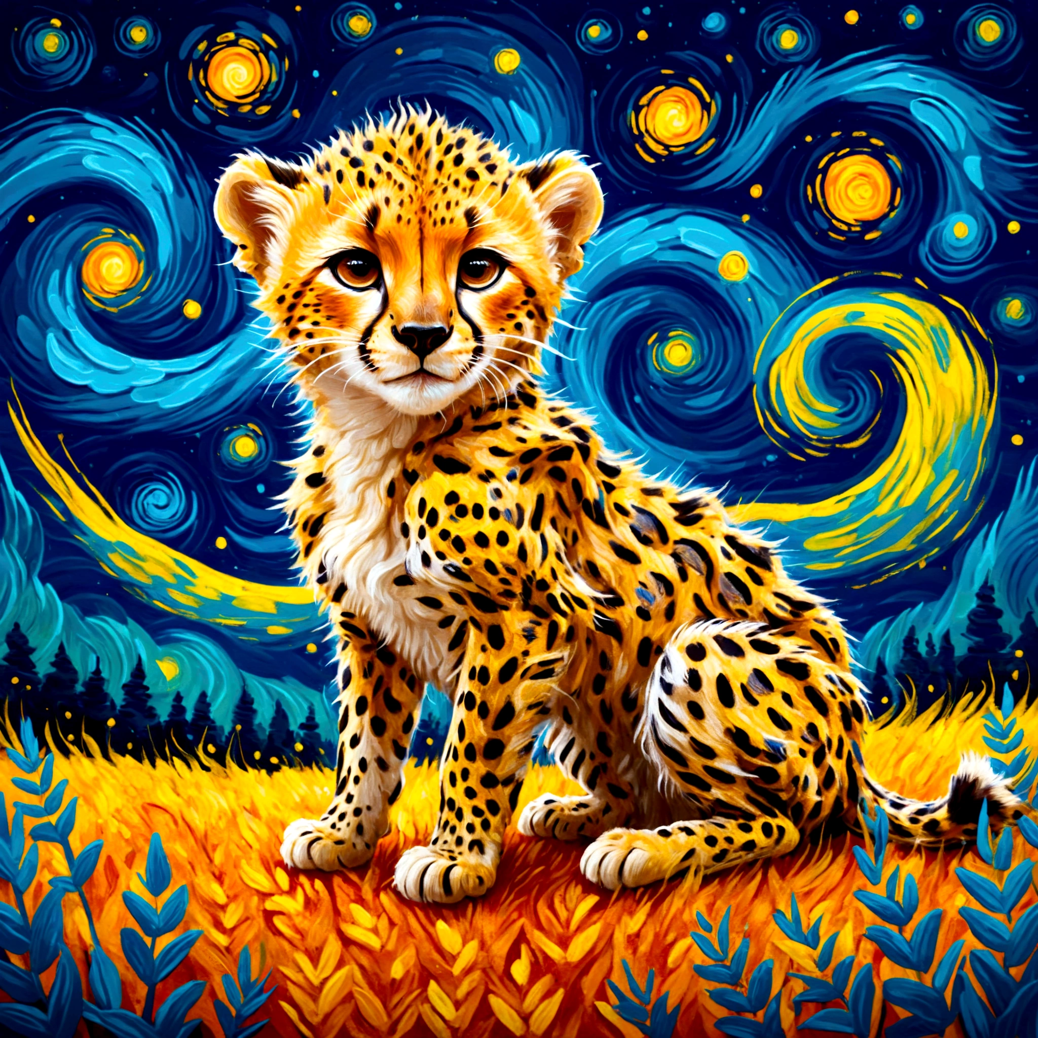 A stylized illustration of a cheetah cub in the style of Van Gogh, with swirling brushstrokes and vibrant colors, 
Vivid contrast, gentle touch rendering, accurate detail, high detail, shining contours, precision, high-quality, stunningly beautiful touch rendering, fantasy,