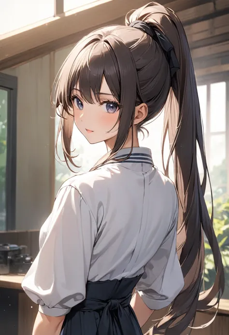 Waist-length hair tied in a high ponytail、