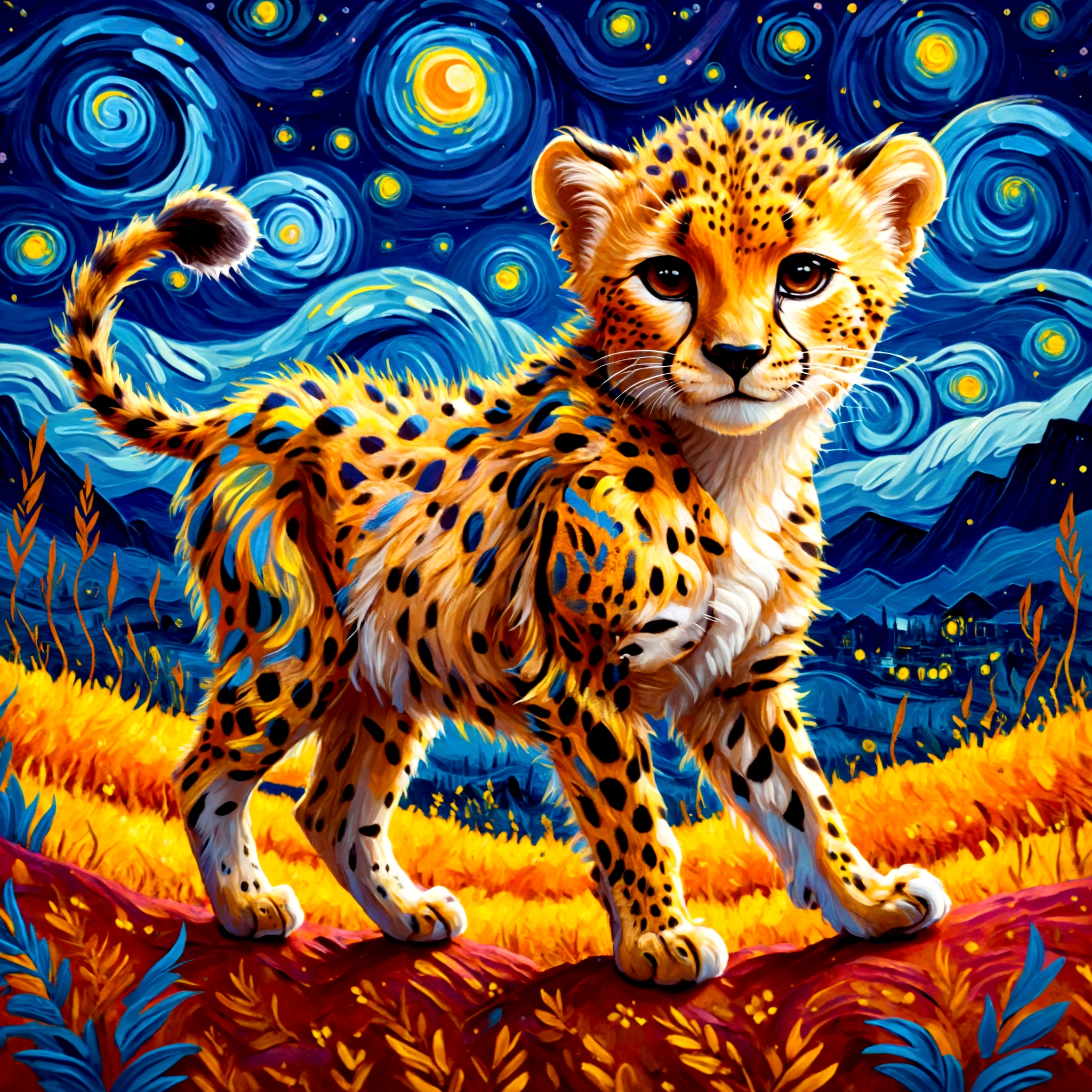 Una ilustración estilizada de un cachorro de guepardo al estilo de Van Gogh., con pinceladas arremolinadas y colores vibrantes, 
Vivid contrast, renderizado suave al tacto, detalle preciso, alto detalle, contornos brillantes, precision, Alta calidad, representación táctil increíblemente hermosa, Fantasía,