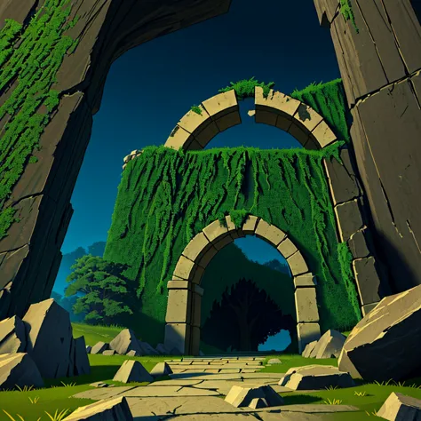 a close-up of a stone arch with grass and rocks, game asset, stone gate to a dark cave, high-quality low-poly art, low-poly 3d m...