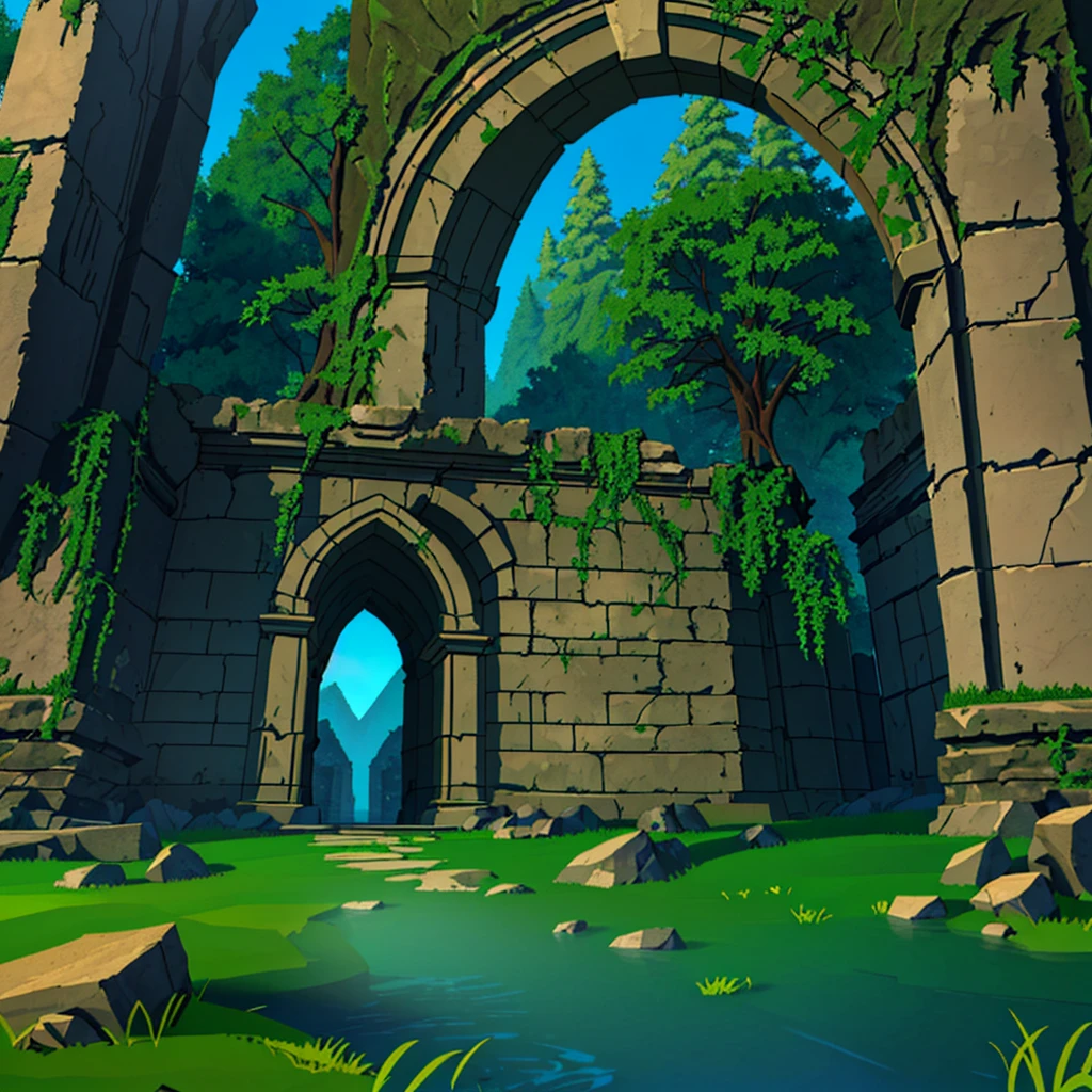 A close-up of a stone arch with grass and rocks, game asset, stone gate to a dark cave, high-quality low-poly art, low-poly 3D model, RPG game environment asset, separated game asset, magical portal gateway, low-poly elements, ruins.


