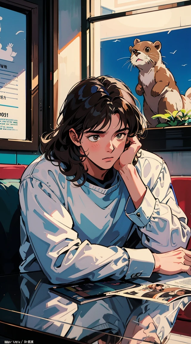 Best image quality, 1980s style animation, 21-year-old boy, slightly curly black hair, light brown eyes,  with white shirt, magazine cover, whole body , at a cafe , posing, With a cute otter, There&#39;s a camera around my neck.