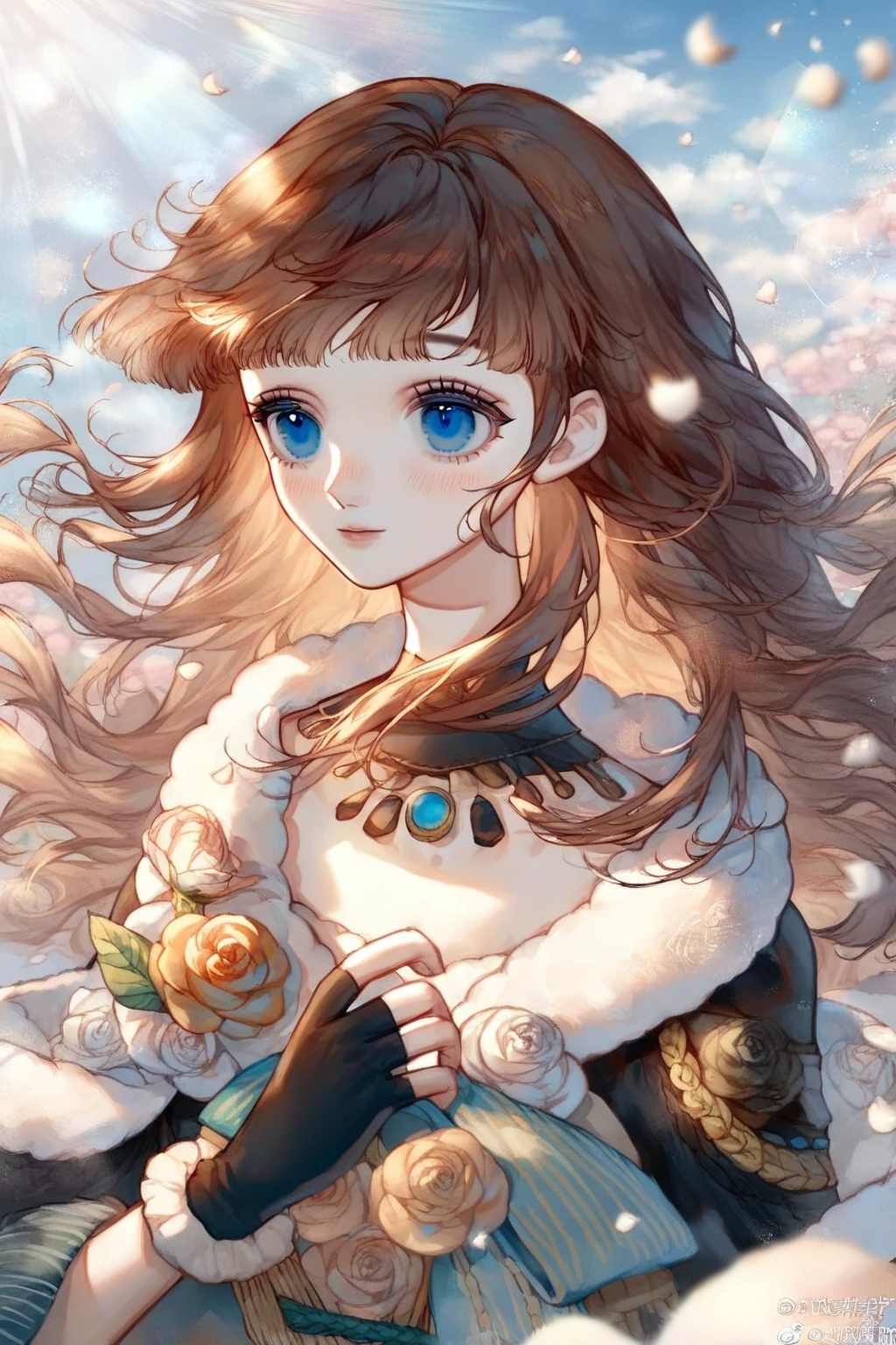 1 girl, CuteStyle, upper body, blue eyes, brown hair, long hair with bangs, dressed in a black strapless dress, black long fingerless gloves, shawl with fur trim, standing in the yard, lots of white roses, rays of the sun, fluttering hair, white rose petals, wind, beautiful clouds, blue sky, specks of dust in in the air, a small smile, light, blush, detailed, beautiful, delicate tones, blurred background