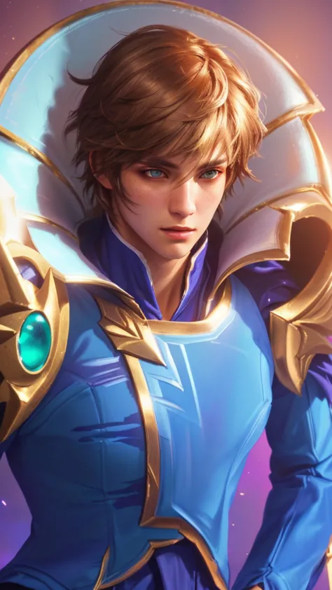1 man, with a blue outfit, gold paladin, casimir art, holy paladin, male paladin, androgynous prince, detailed face, realistic, ...