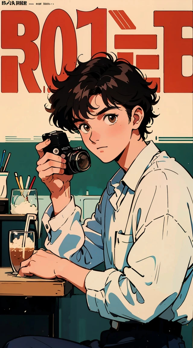 Best image quality, 1980s style animation, 21-year-old boy, slightly curly black hair, light brown eyes,  with a white shirt, magazine cover, whole body , at a cafe , posing, With a cute otter, I have a camera.