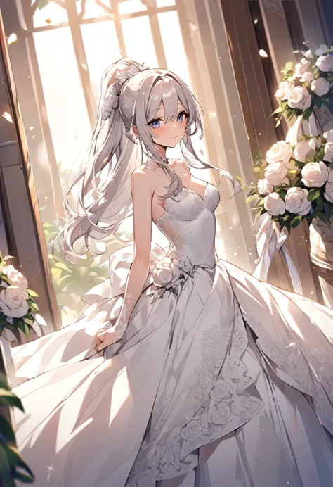 waist-length hair tied in a high ponytail、beauty、sexy wedding dress