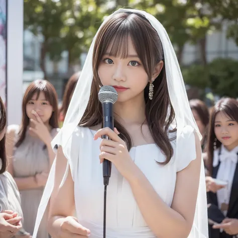 a beautiful young japanese idol in a white dress and veil holding a microphone. extremely detailed and realistic portrait, intri...