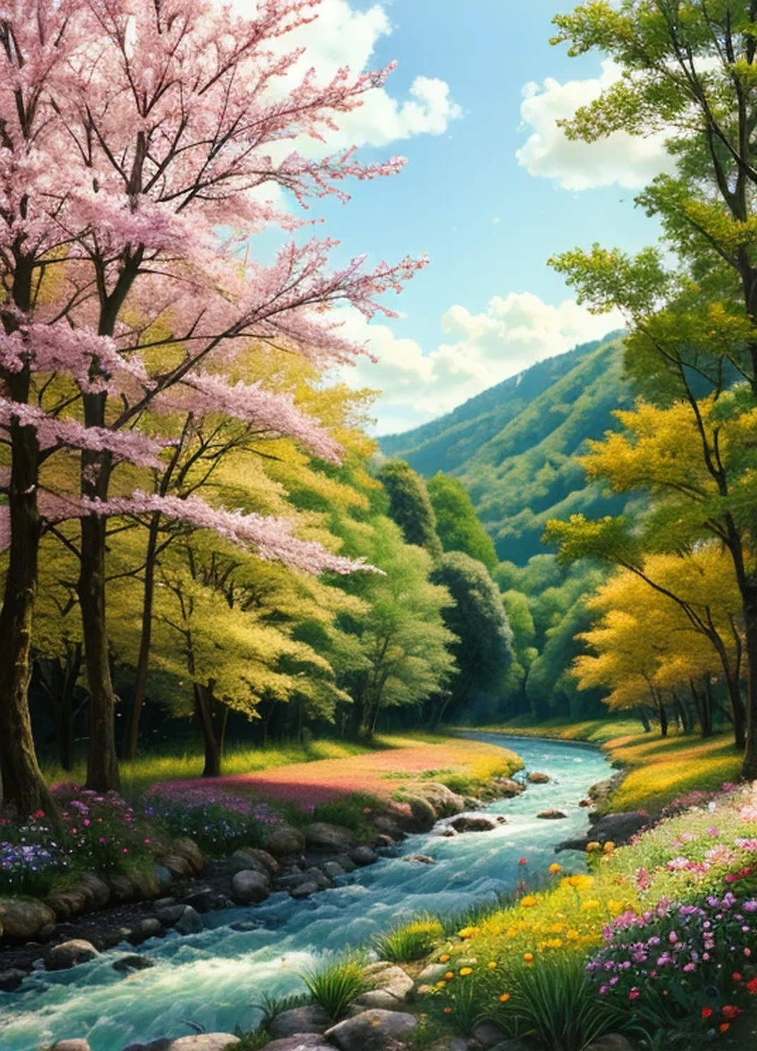 A forest with flowering fields and (river)