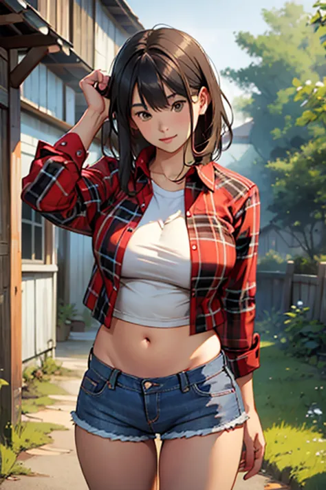 Highest quality picture, Big chubby farm girl, red flannel shirt, denim shorts, flashing belly, countryside