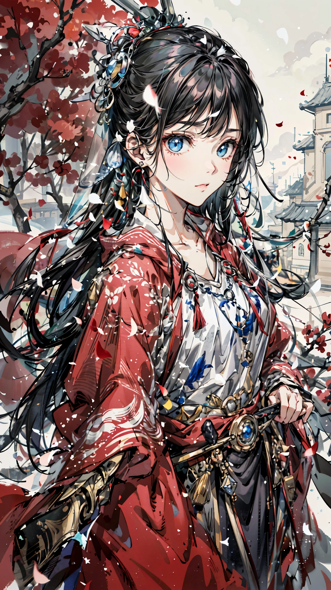 A painting of a woman wearing a veil and a sword, Beautiful character painting, Guviz, Guviz-style artwork, Guweiz in Pixiv ArtStation, Guweiz on ArtStation Pixiv, a beautiful anime portrait, Beautiful anime woman, guweiz masterpiece, style of anime4 K, Palace ， A girl in Hanfu，Sword in hand