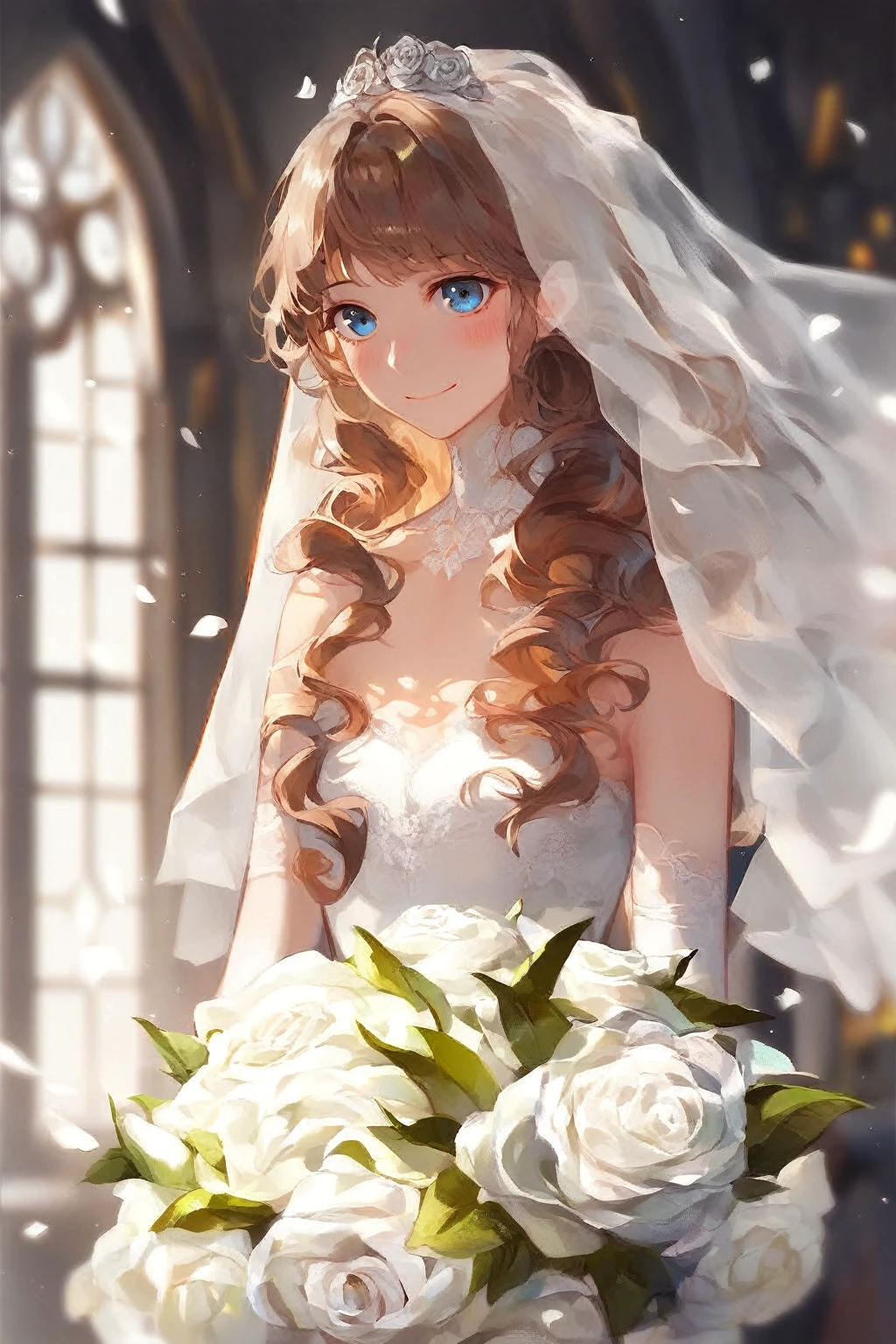 1 girl, blue eyes, brown hair, long hair with bangs, upper body, flowing hair, specks of dust in the air, light, day, dressed in a white wedding dress, white wedding gloves, holding a bouquet of white roses, white veil, open shoulders, neckline, middle chest, standing, at the ceremony, windows, blush, smile, detailed, beautiful, blurred background, delicate tones