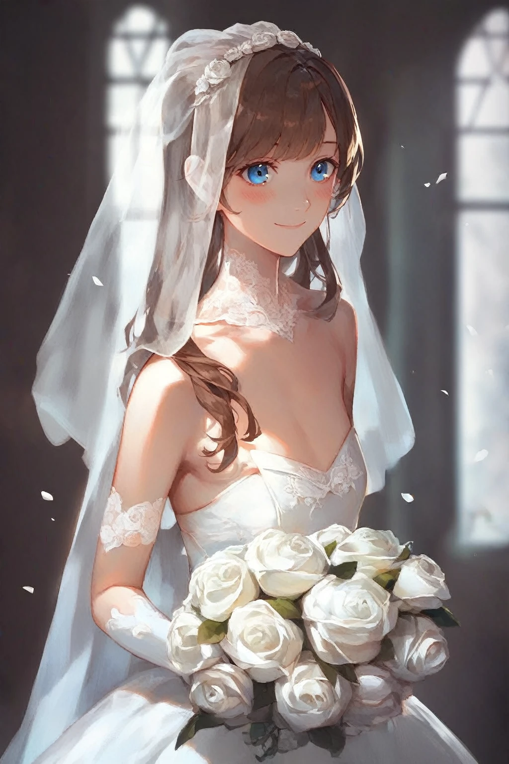 1 girl, blue eyes, brown hair, long hair with bangs, upper body, flowing hair, specks of dust in the air, light, day, dressed in a white wedding dress, white wedding gloves, holding a bouquet of white roses, white veil, open shoulders, neckline, middle chest, standing, at the ceremony, windows, blush, smile, detailed, beautiful, blurred background, delicate tones