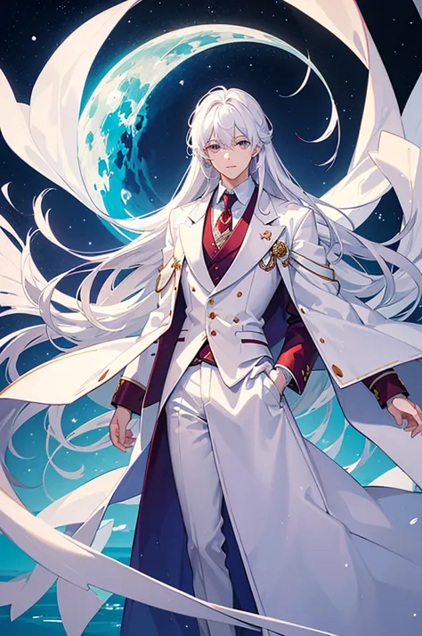 ((best quality)), ((masterpiece)), (detailed), high resolution, a young man who wear white coat with white pants, underneath his...