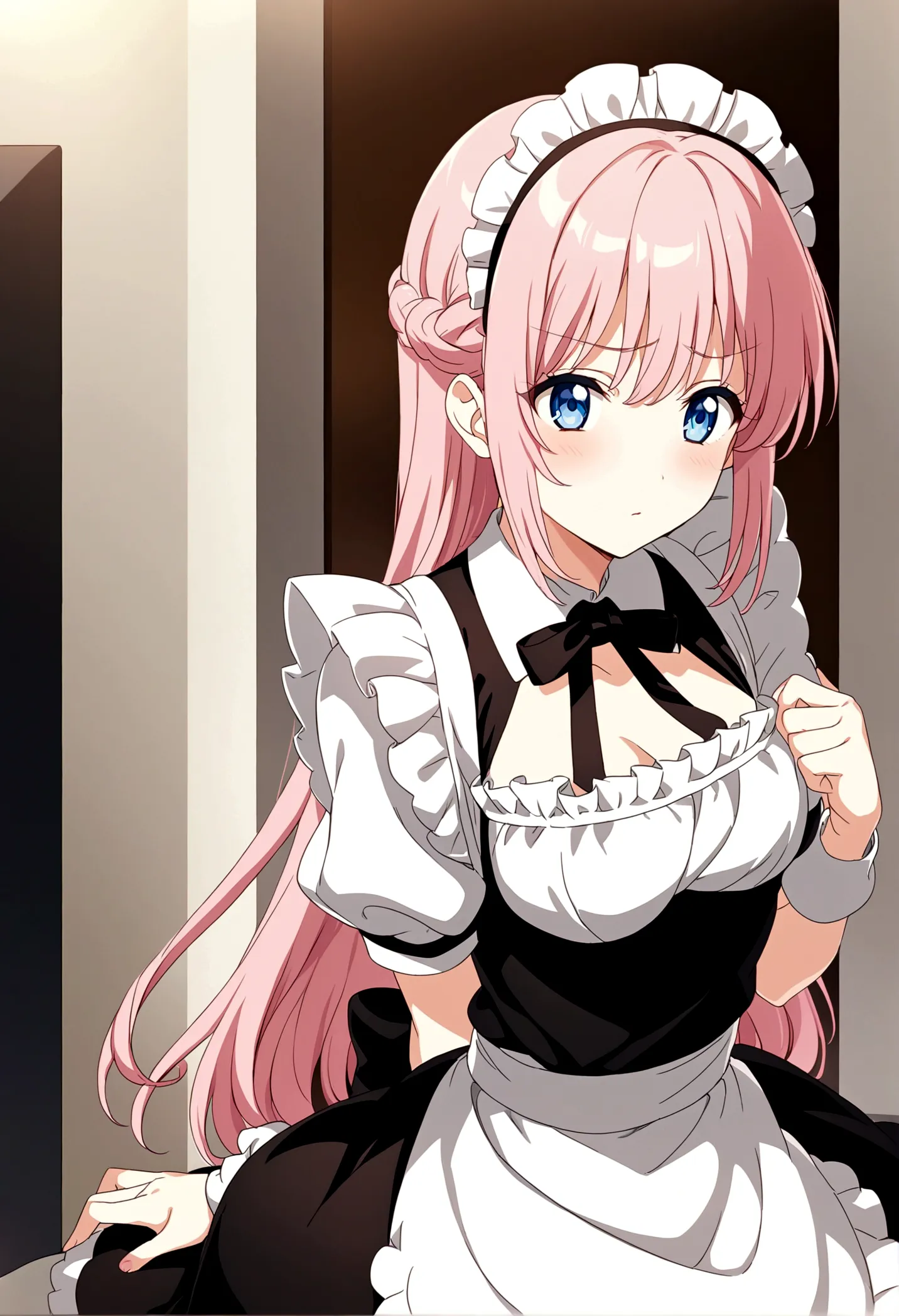 Anime girl with pink hair and white apron sitting in front of mirror, Comedian Reactions、anime girl in a Maid costume, Cute girl...