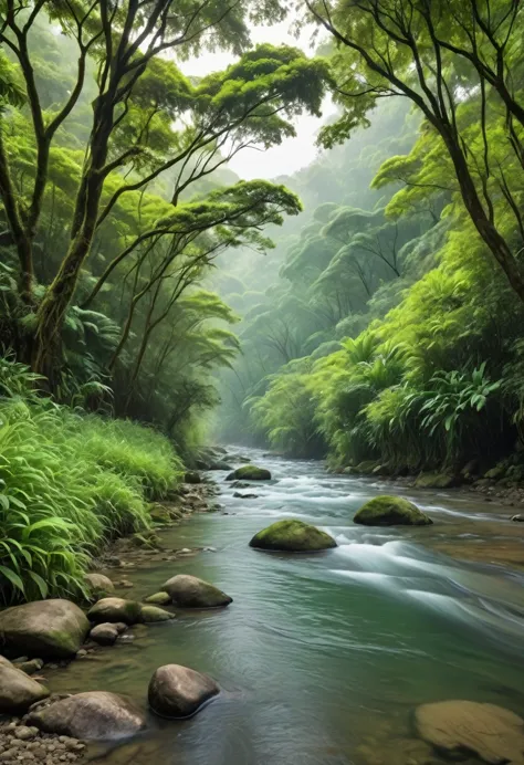 lush green forests with dense and beautiful trees, there is a flowing river with clear water, beautiful and fresh forest views, ...