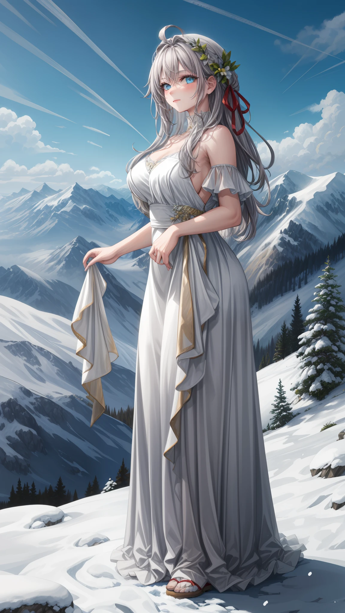 

(1girl), (masterpiece), (best quality), ((looking at the viewer)), ((full body))

In a serene alpine setting, atop a snow-capped mountain peak, a young woman stands gracefully. Her hair, as pure and white as freshly fallen snow, cascades down her shoulders in gentle waves. Her eyes, a striking shade of blue reminiscent of deep sapphires, reflect the clear, crisp sky above. She is adorned in an elegant, flowing white gown that flutters lightly in the mountain breeze, accentuating her slender figure. The morning sun bathes her in a soft, golden glow, highlighting the delicate features of her face - a serene expression that mirrors the tranquility of her surroundings. Her gaze is fixed upon the panoramic view of rugged valleys and distant peaks, a scene painted with pristine snow and lush greenery under the vast, unblemished sky.