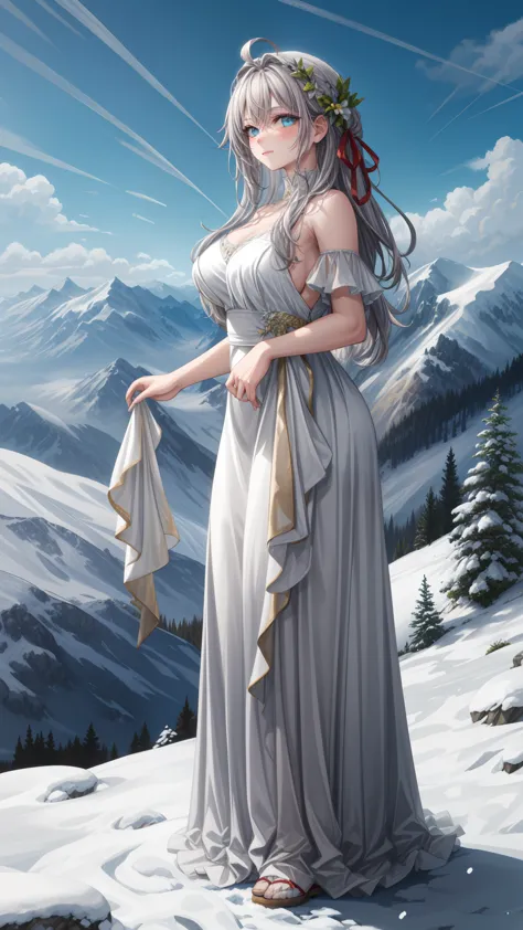 (1girl), (masterpiece), (best quality), ((looking at the viewer)), ((full body))

in a serene alpine setting, atop a snow-capped...