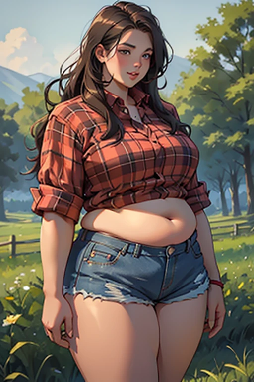 Highest quality picture, Big fat farm girl, long hair, big lips, bbw, overweight, red flannel shirt, low waist denim shorts, flashing protruding belly, countryside