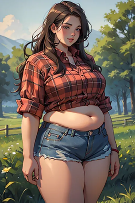 highest quality picture, big fat farm girl, long hair, big lips, bbw, overweight, red flannel shirt, low waist denim shorts, fla...