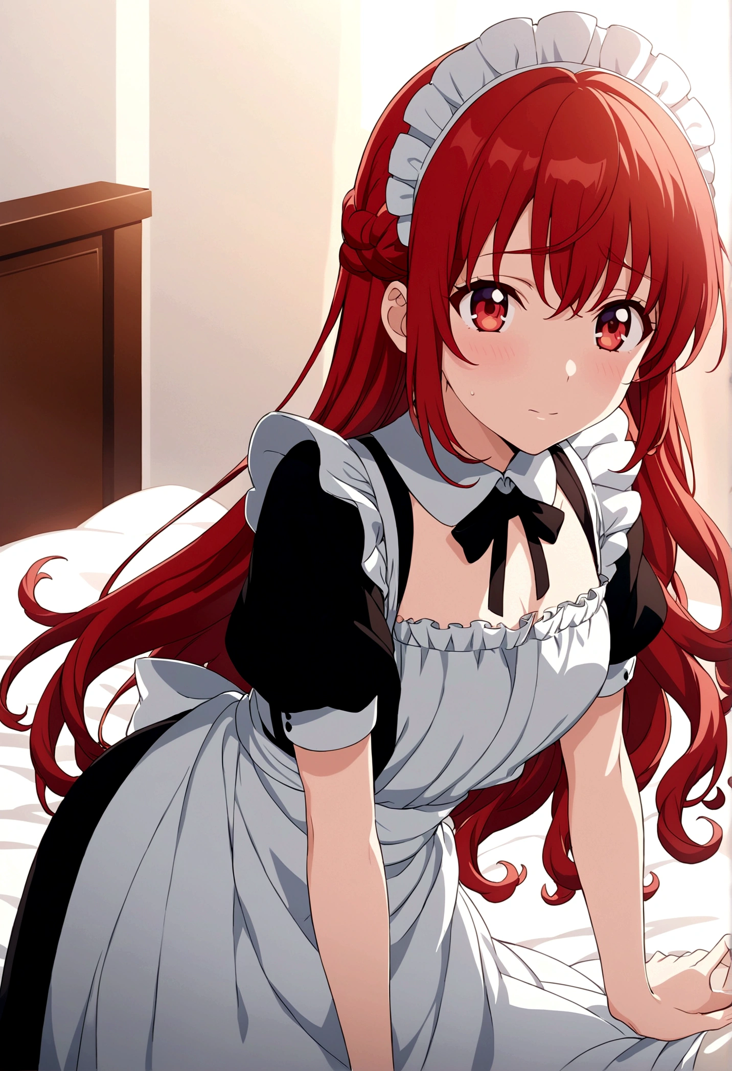 Anime girl with red hair and white apron lying in bed, Comedian Reactions、anime girl in a Maid costume, Cute girl anime visuals, Smooth anime CG art, Maid服, | Anime with attention to detail, gorgeous Maid, Fine details. Girl Front, Maid, Visual novels CG, Maid服, ; Visual novel