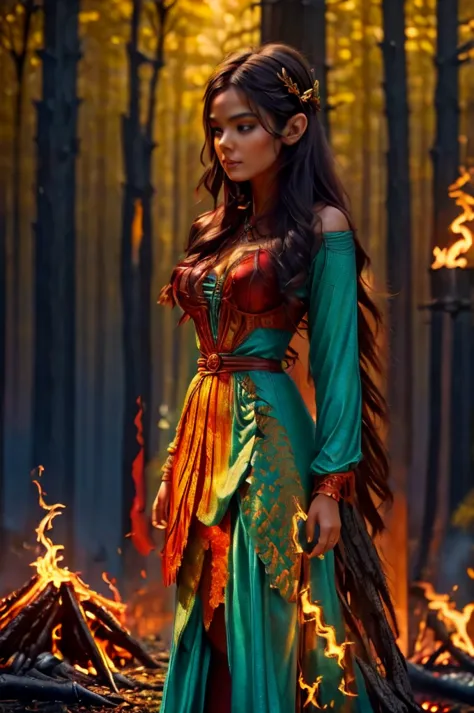 Masterpiece, hyperrealistic, a beautiful elf made of fire, dancing on a bonfire in a dark forest. The elf must have a body made ...