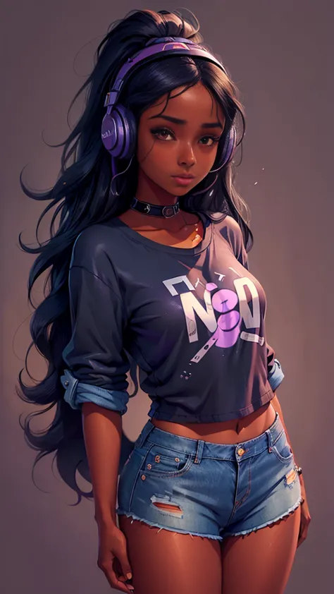 ((no background)) One Dark skin young woman with headphones  with long jet black hair and clearly detailed big brown eyes, ebony...
