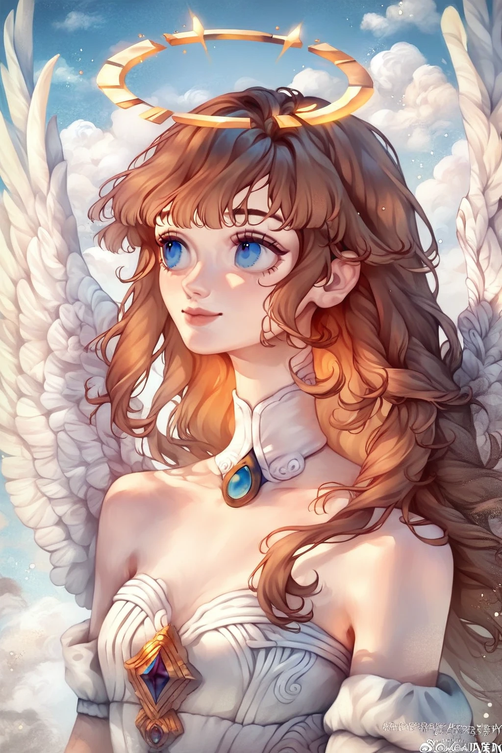 1 girl, CuteStyle, blue eyes, upper body, brown hair, long hair with bangs, dressed in a white dress, bare shoulders, neckline, medium chest, white fingerless wedding gloves, white angel wings, white halo above her head, looking away, on the street, calm gaze, smile, light, beautiful clouds, specks of dust In the air, detailed, beautiful, delicate tones