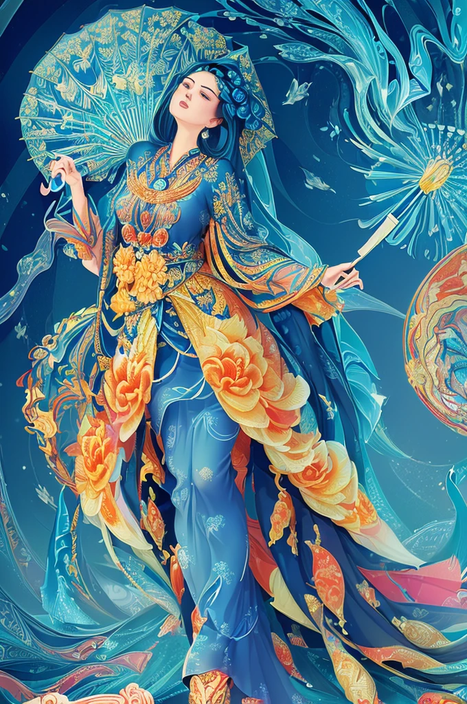 (masterpiece, Top quality, best quality, Official Art, beautiful and aesthetic:1.2), (1Paper umbrella:1.3), Extremely detailed,(Fractal Art:1.2),rich and colorful,The most detailed,(tangled:1.2), (Dynamic poses), (Blue Background:1.5), (Traditional clothing:1.2), (Glowing skin), (Many colors:1.4), 