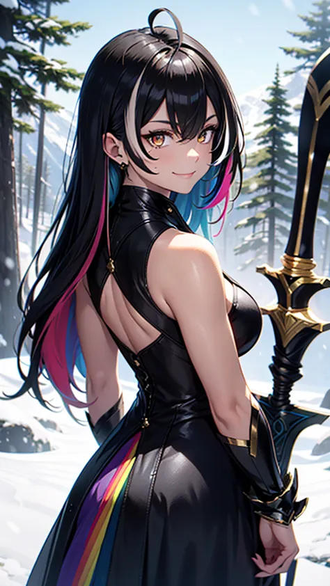 A young demigoddess of destruction, long black hair with rainbow highlights, golden eyes, smug smile, wearing an armored dress, ...