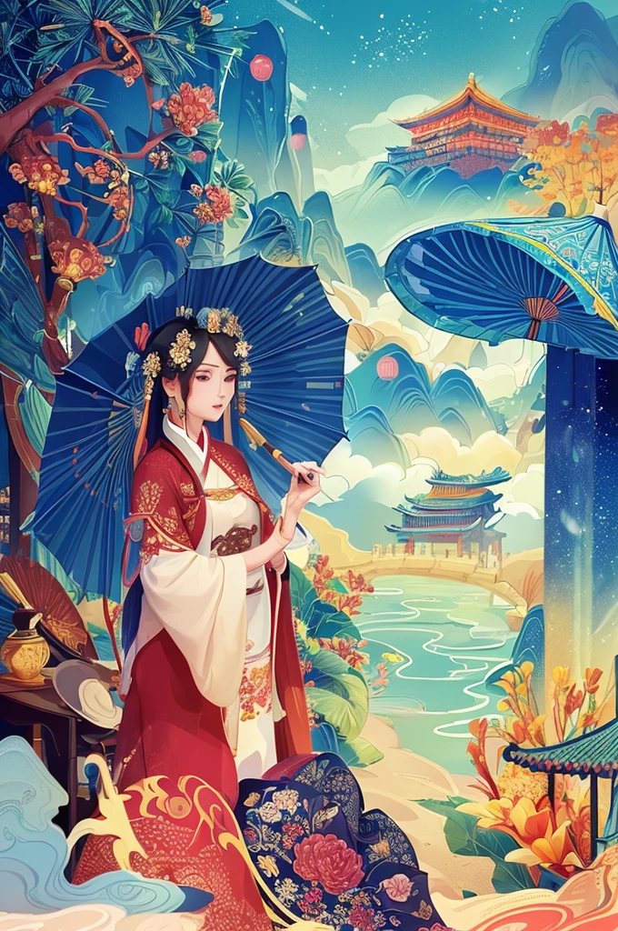 (masterpiece, Top quality, best quality, Official Art, beautiful and aesthetic:1.2),Extremely detailed,,rich and colorful,The most detailed，umbrella，Han Dynasty culture