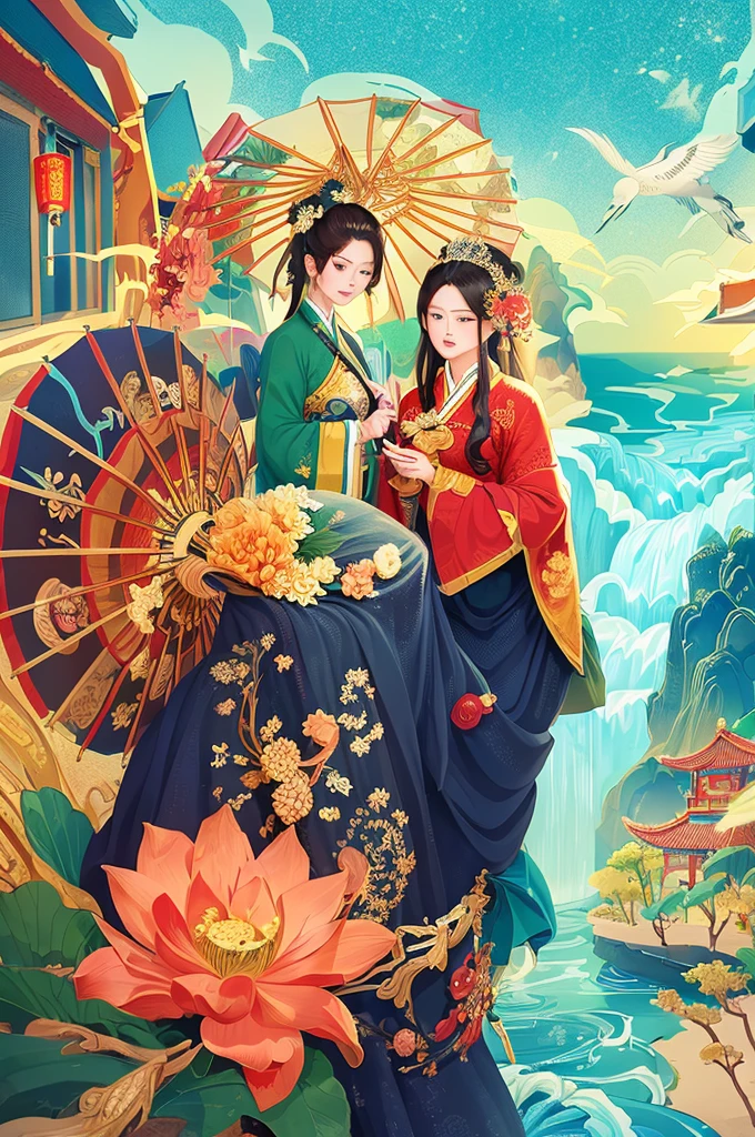 (masterpiece, Top quality, best quality, Official Art, beautiful and aesthetic:1.2),Extremely detailed,,rich and colorful,The most detailed，umbrella，Han Dynasty culture