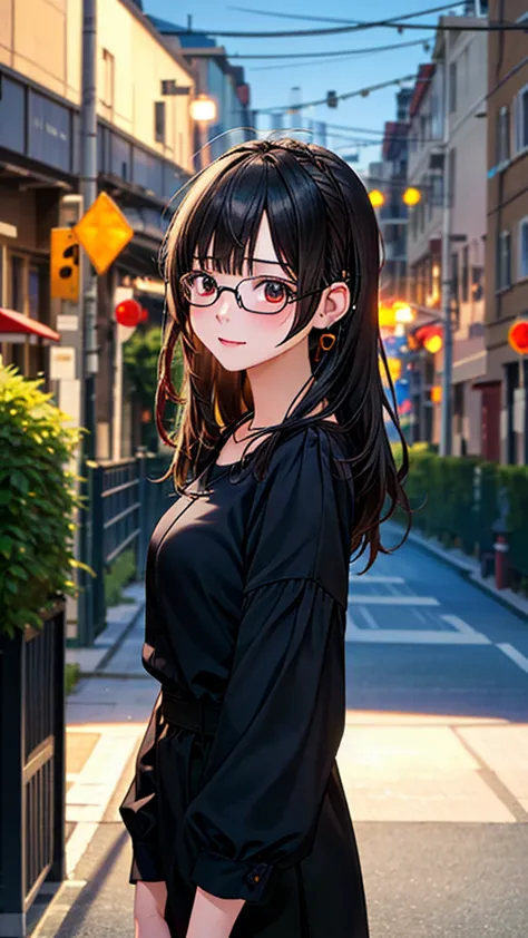 (front of whole body), 20-years-old beautiful female, black rim glasses, wearing white headphones, black hair, easy-to-move cost...