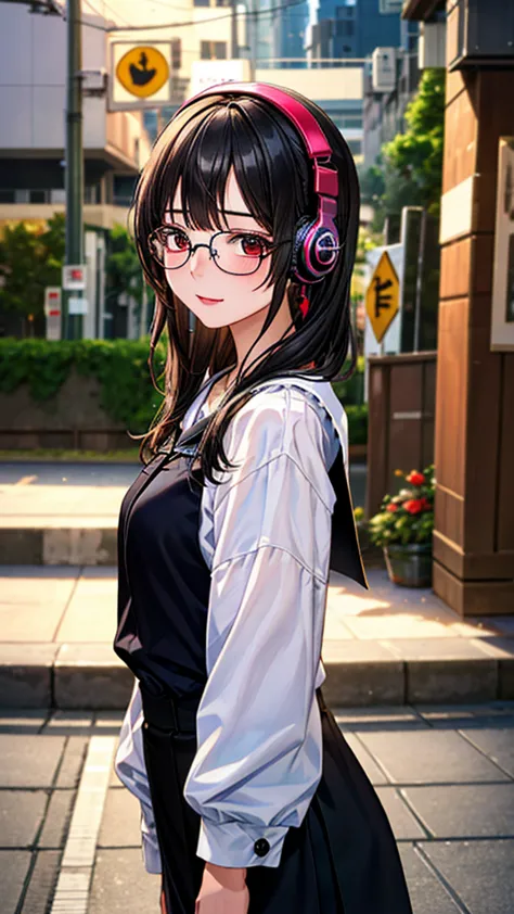 (front of whole body), 20-years-old beautiful female, black rim glasses, wearing white headphones, black hair, Easy-to-move cost...