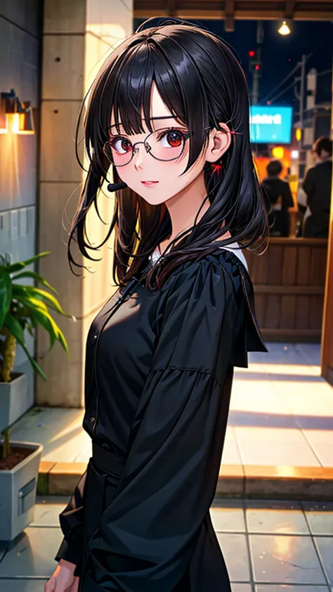 (front of whole body), 20-years-old beautiful female, black rim glasses, wearing white headphones, black hair, Easy-to-move cost...