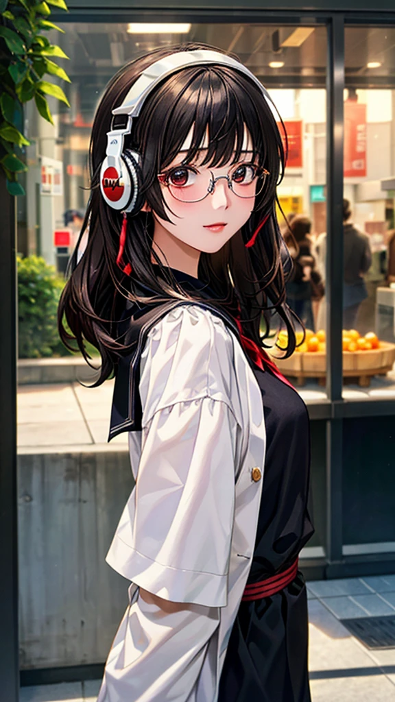 (front of whole body), 20-years-old beautiful female, black rim glasses, wearing white headphones, black hair, Easy-to-move costume, midsummer fashion, Casual clothes, civilian clothes, lo-fi art, intellectual atmosphere, knowledge, scholarship, enthusiasm, front side of whole body, immersion, whole body, concentration, sense of accomplishment, cinematic lighting, masterpiece, top quality, 4K, academic atmosphere, (masterpiece), (best quality), ultra-high res, sharp focus, detailed hair