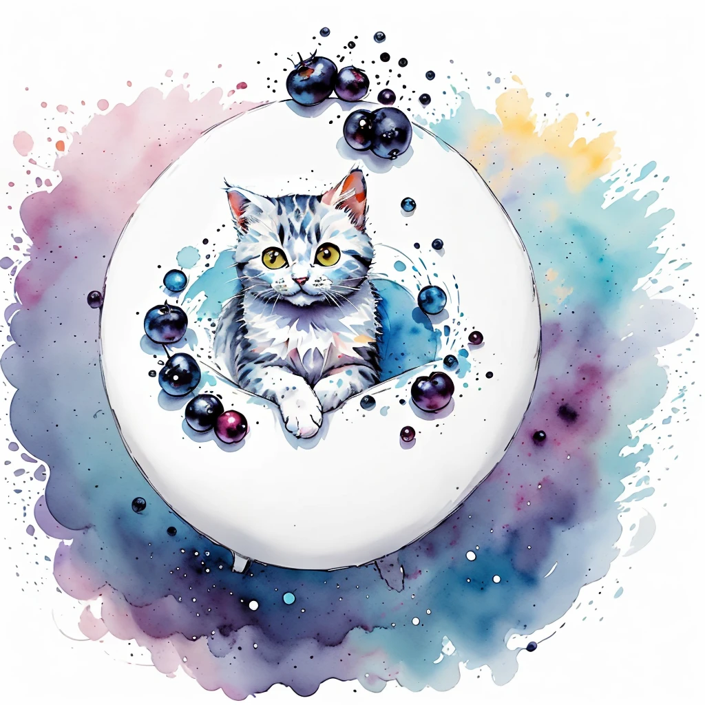 circular design, logo art, (cat design with blueberry),(on the table), fantasy, colorful, vintage,  charming: white background, lowbrow art, digital illustration, radiant; gouache, 16k, minimalistic, doodle, CGSociety, solarpunk, crispy quality, sharp, bright, volumetric lighting, intricate, ample negative white space, as a logo,