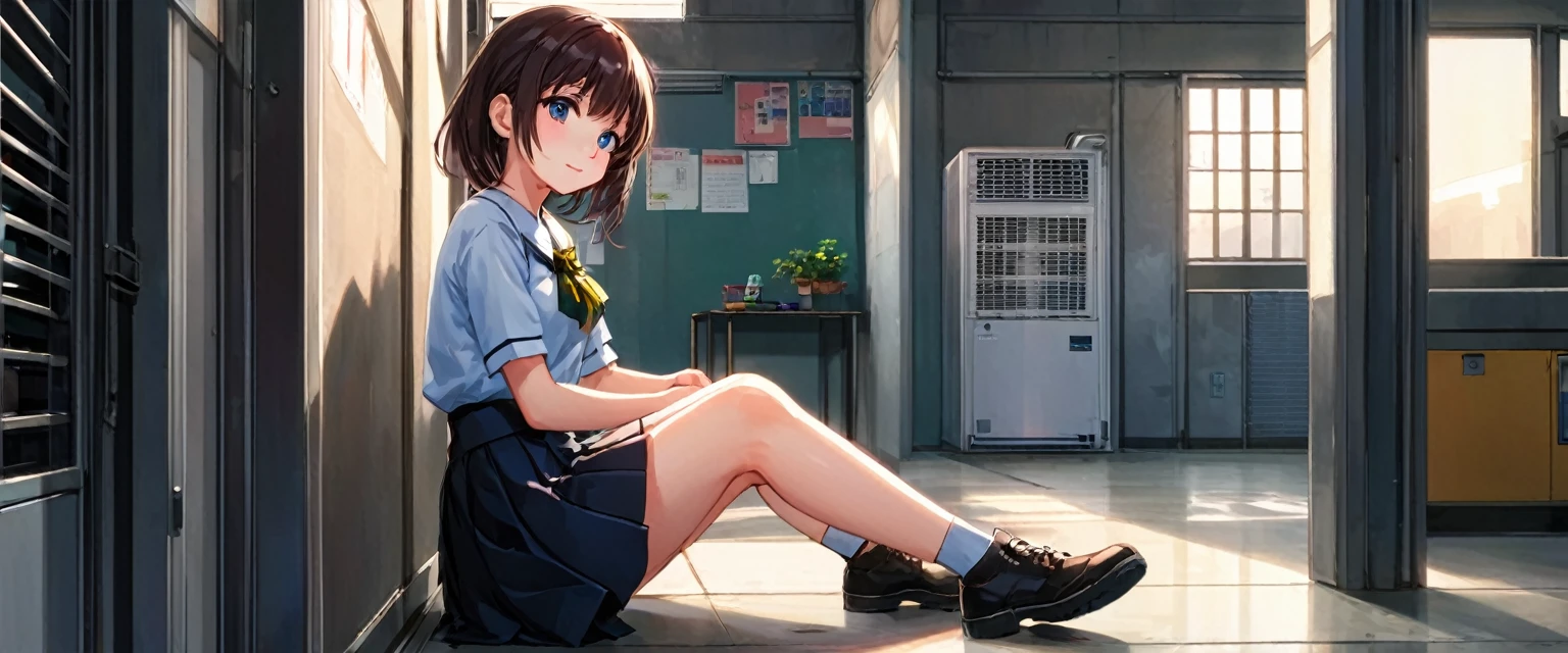 Photo Real, Young girl, High detail, high quality, masterpiece, (Small breasts)), at school, Ultra-short , One Girl, anime、Hold a condom in your mouth、A defiant smile、Lifting her skirt, a dark alley、Sit on the air conditioner&#39;s outdoor unit