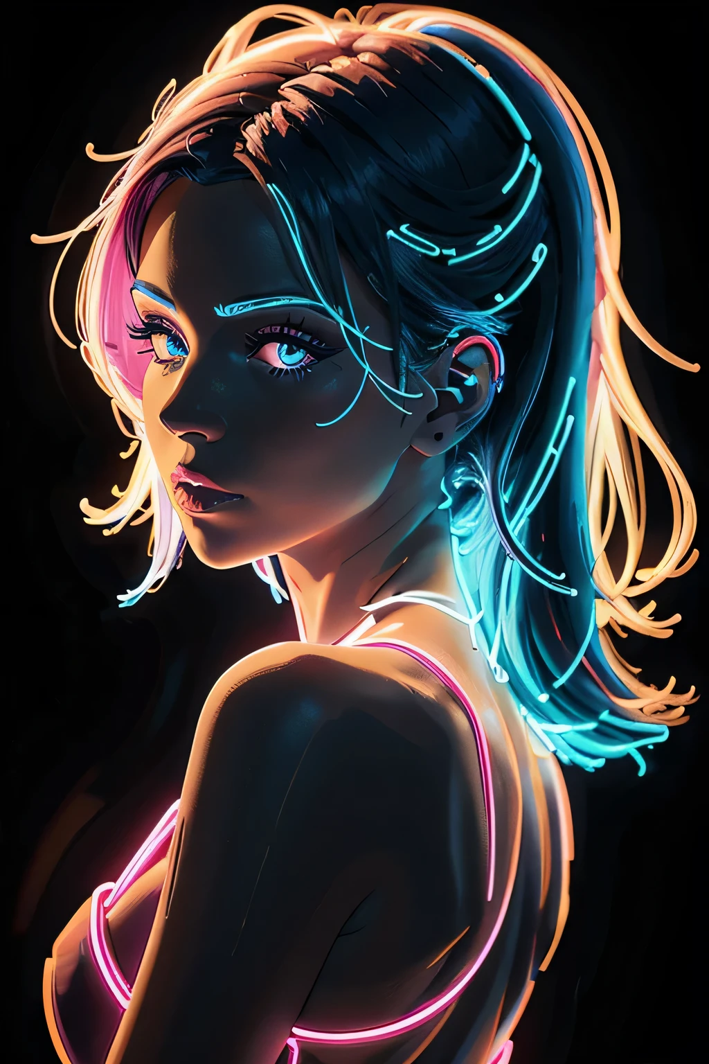 neon_outlines, close up, classy woman in a long evening dress, upscale gala event  ,neon_outlines blue hair,