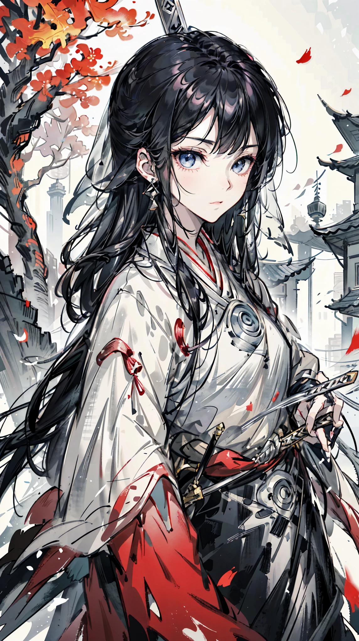 A painting of a woman wearing a veil and a sword, Beautiful character painting, Guviz, Guviz-style artwork, Guweiz in Pixiv ArtStation, Guweiz on ArtStation Pixiv, a beautiful anime portrait, Beautiful anime woman, guweiz masterpiece, style of anime4 K, Palace ， A girl in Hanfu，Sword in hand