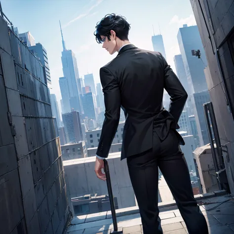 1boy, short black hair, blue eyes, wearing all black suits, on top of a building, high res, ultrasharp, 8k, masterpiece, looking...