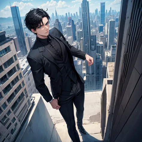 1boy, short black hair, blue eyes, wearing all black suits, on top of a building, high res, ultrasharp, 8k, masterpiece, looking...