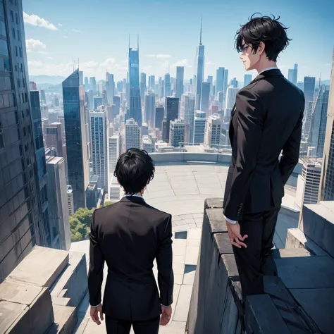 1boy, short black hair, blue eyes, wearing all black suits, on top of a building, high res, ultrasharp, 8k, masterpiece, looking...