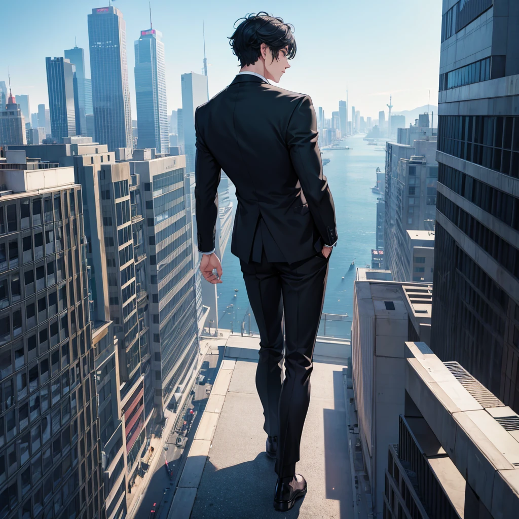 1boy, short black hair, blue eyes, wearing all black suits, on top of a building, high res, ultrasharp, 8k, masterpiece, looking at viewer from behind