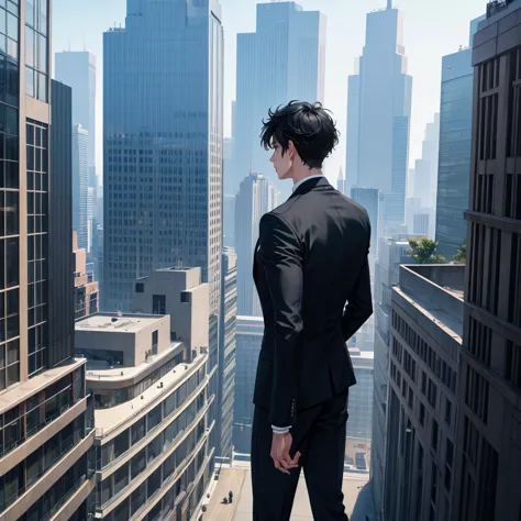 1boy, short black hair, blue eyes, wearing all black suits, on top of a building, high res, ultrasharp, 8k, masterpiece, looking...