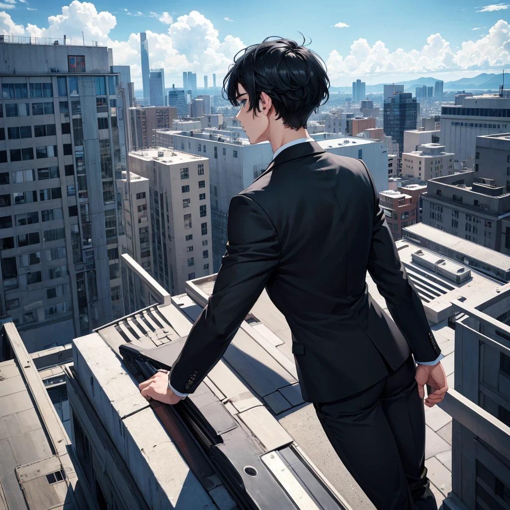 1boy, short black hair, blue eyes, wearing all black suits, on top of a building, high res, ultrasharp, 8k, masterpiece, looking at viewer from behind