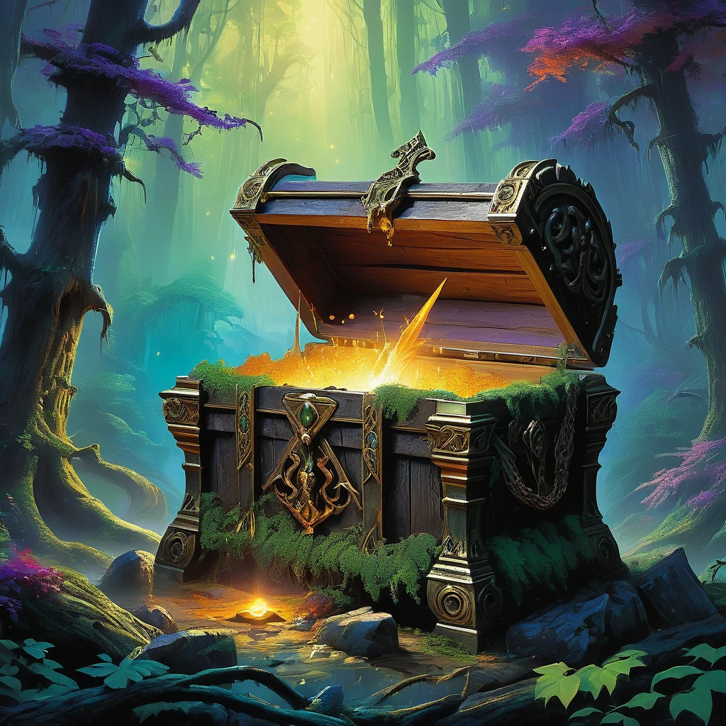 Create an image of a mystical treasure chest hidden deep in an enchanted forest, rendered in the style of Frank Frazetta. On top of the chest, place a majestic fantasy sword with an ornate hilt and glowing runes along the blade. Surround the chest and sword with towering, ancient trees with twisted roots, and a soft, magical light filtering through the dense canopy. The scene should evoke a sense of adventure and mystery, with rich, vibrant colors and dynamic, dramatic contrasts typical of Frazetta's art.