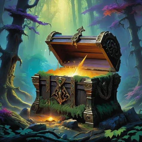 Create an image of a mystical treasure chest hidden deep in an enchanted forest, rendered in the style of Frank Frazetta. On top...