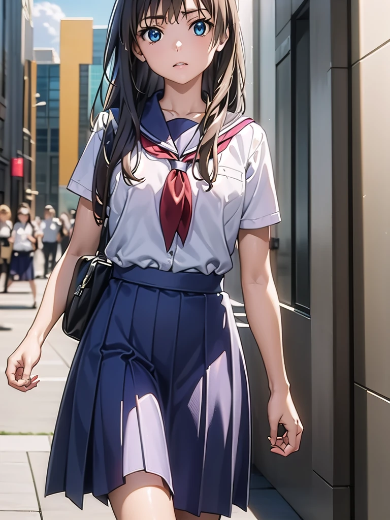 Okay, Saten Ruiko, Black Hair, blue eyes, Long Hair, hair ornaments, Floral decoration,
break blue skirt, pleated skirt, School uniforms are not distributed., , Seraphim, skirt, Summer clothes,
break outdoor, city, null, sun, cloud,
break looking at viewer, (Cowboy Shot:1.5),
break (masterpiece:1.2), Highest quality, High resolution, unity 8k wallpaper, (figure:0.8), (Beautiful attention to detail:1.6), Highly detailed face, Perfect lighting, Highly detailed CG, (Perfect hands, Perfect Anatomy),