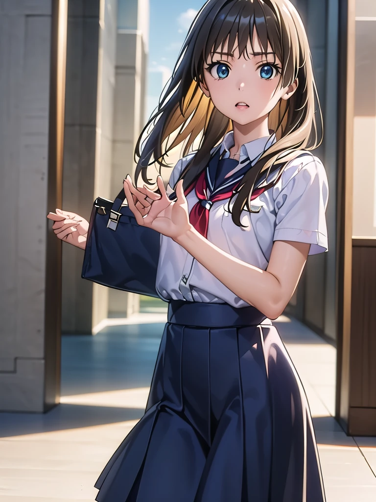 Okay, Saten Ruiko, Black Hair, blue eyes, Long Hair, hair ornaments, Floral decoration,
break blue skirt, pleated skirt, School uniforms are not distributed., , Seraphim, skirt, Summer clothes,
break outdoor, city, null, sun, cloud,
break looking at viewer, (Cowboy Shot:1.5),
break (masterpiece:1.2), Highest quality, High resolution, unity 8k wallpaper, (figure:0.8), (Beautiful attention to detail:1.6), Highly detailed face, Perfect lighting, Highly detailed CG, (Perfect hands, Perfect Anatomy),